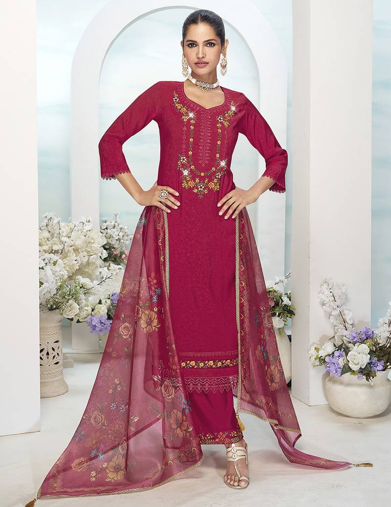 Pink color ethnic and beautiful viscose silk fabric designer embroidered suit