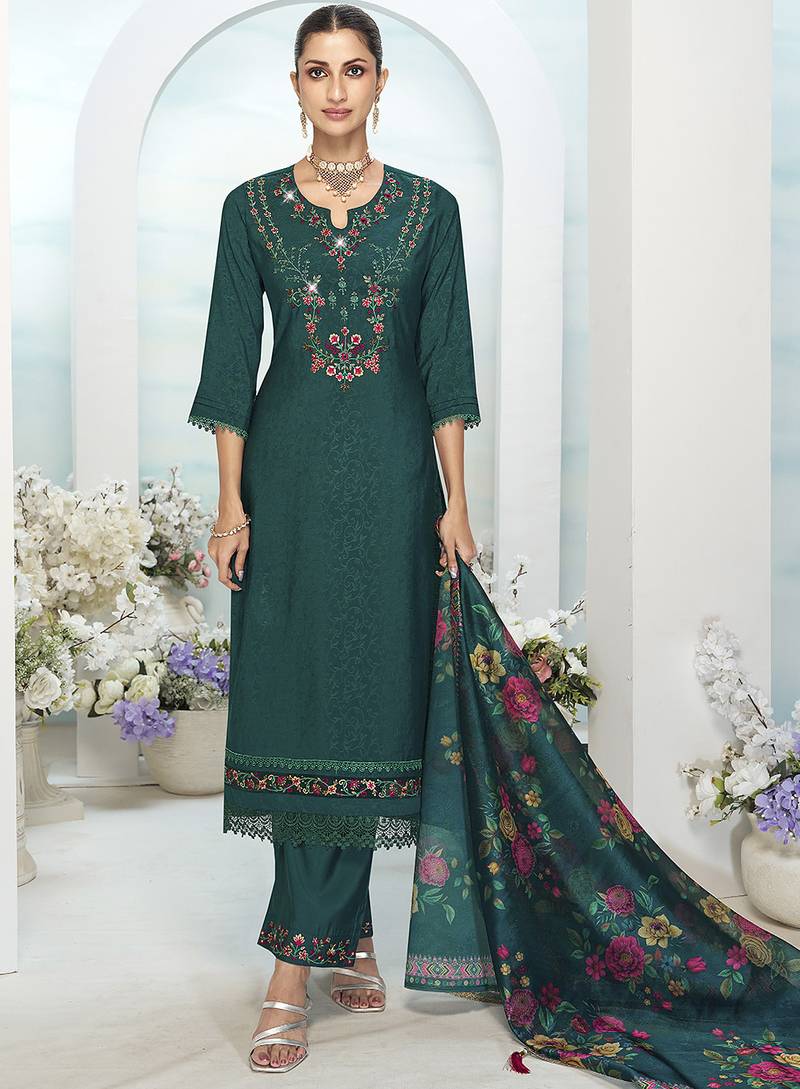 Rama color ethnic and beautiful viscose silk fabric designer embroidered suit