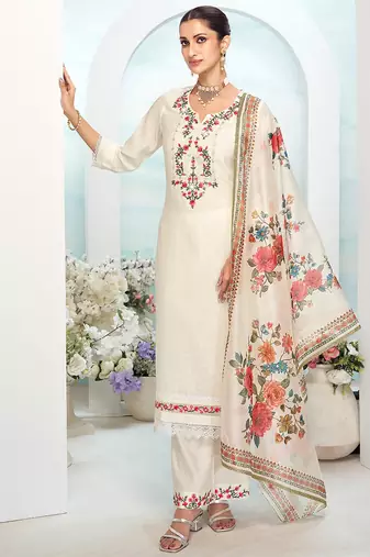 Off white color ethnic and beautiful viscose silk fabric designer embroidered suit