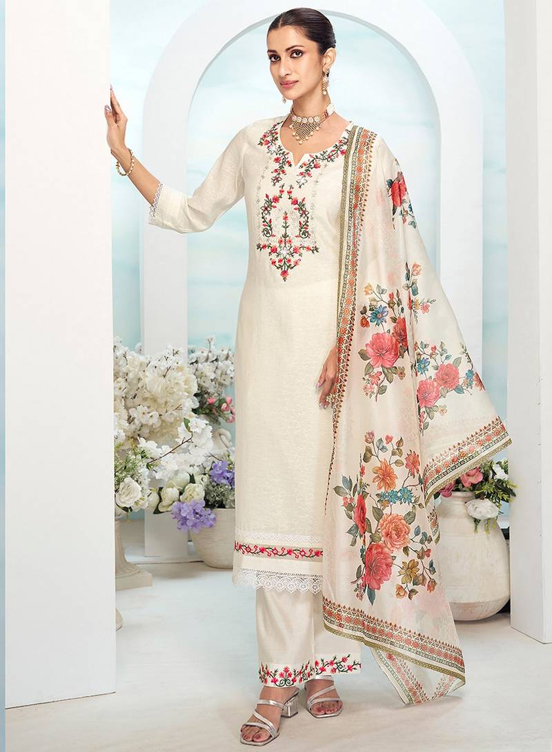 Off white color ethnic and beautiful viscose silk fabric designer embroidered suit