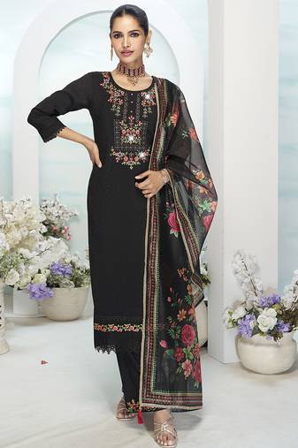 Black color ethnic and beautiful viscose silk fabric designer embroidered suit