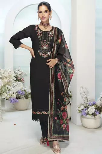 Black color ethnic and beautiful viscose silk fabric designer embroidered suit
