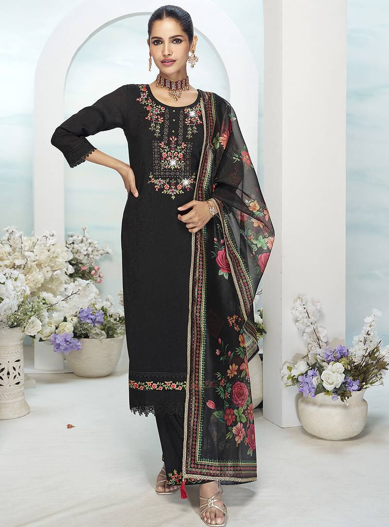 Black color ethnic and beautiful viscose silk fabric designer embroidered suit