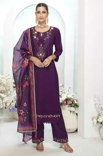 Purple color ethnic and beautiful viscose silk fabric designer embroidered suit
