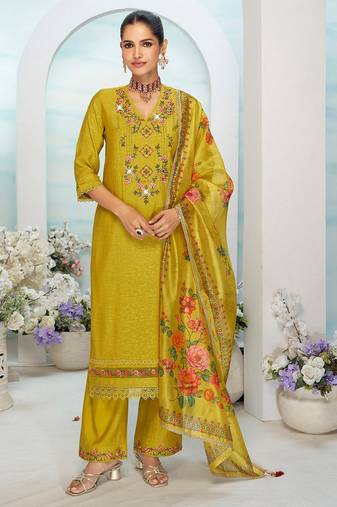 Mustard color ethnic and beautiful viscose silk fabric designer embroidered suit