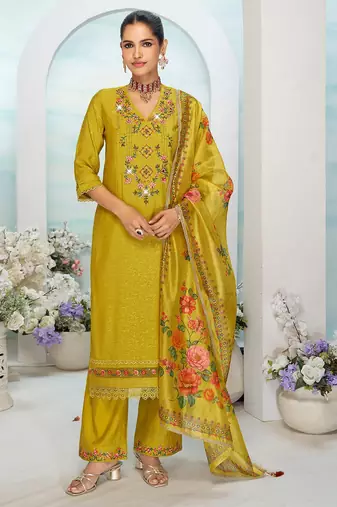 Mustard color ethnic and beautiful viscose silk fabric designer embroidered suit