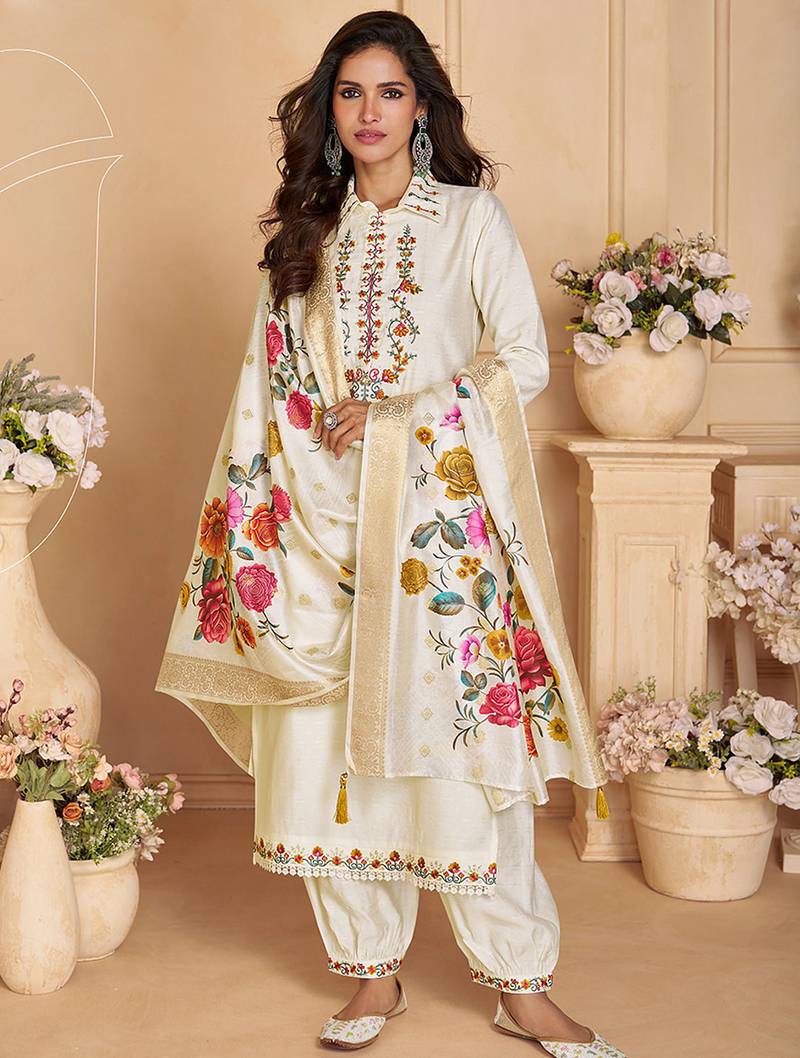 Cream color viscose silk fabric designer embroidered ceremonial salwar kameez