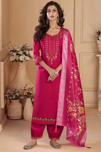 Pink color viscose silk fabric designer embroidered ceremonial salwar kameez