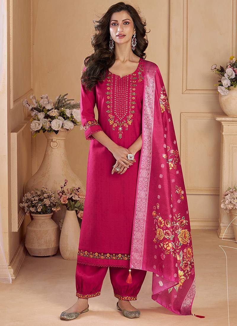 Pink color viscose silk fabric designer embroidered ceremonial salwar kameez