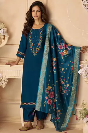 Teal blue color viscose silk fabric designer embroidered ceremonial salwar kameez