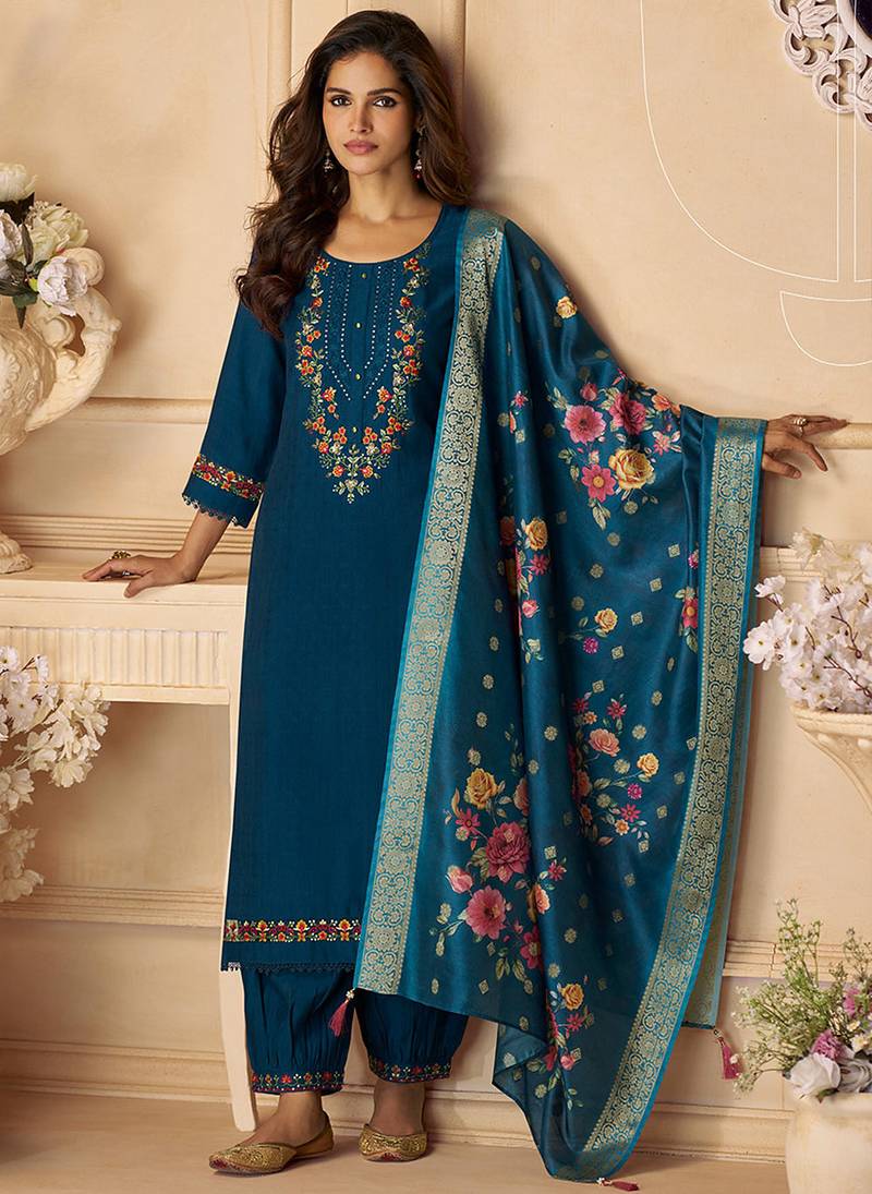 Teal blue color viscose silk fabric designer embroidered ceremonial salwar kameez