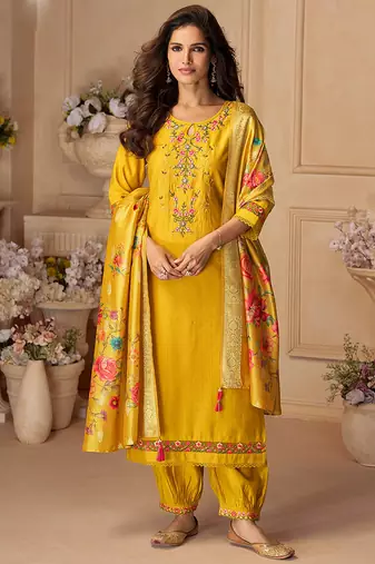 Yellow color viscose silk fabric designer embroidered ceremonial salwar kameez