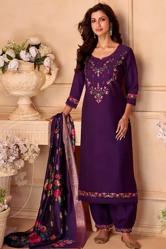 Lavender color viscose silk fabric designer embroidered ceremonial salwar kameez
