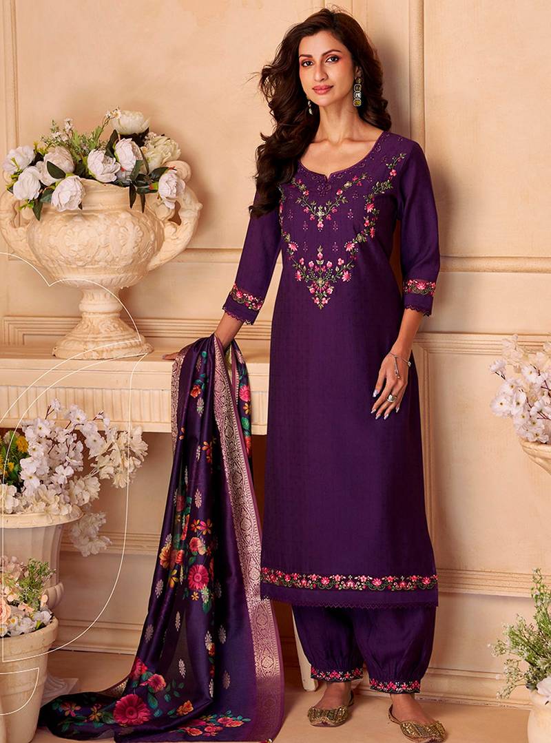 Lavender color viscose silk fabric designer embroidered ceremonial salwar kameez