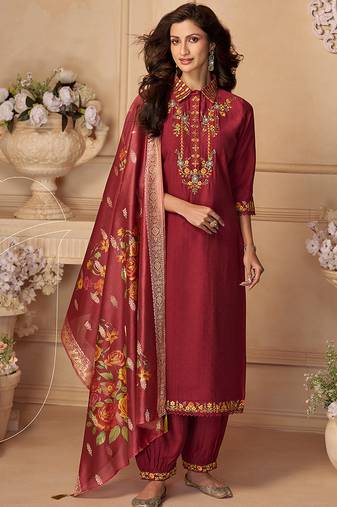 Maroon color viscose silk fabric designer embroidered ceremonial salwar kameez
