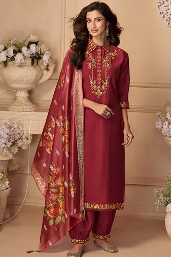 Maroon color viscose silk fabric designer embroidered ceremonial salwar kameez