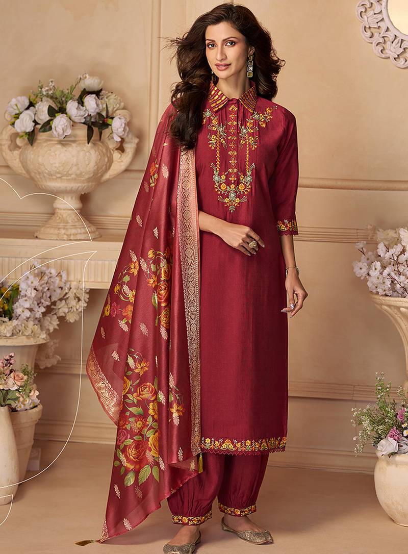 Maroon color viscose silk fabric designer embroidered ceremonial salwar kameez