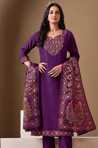 Purple color roman silk fabric bollywood style ceremonial wear salwar kameez