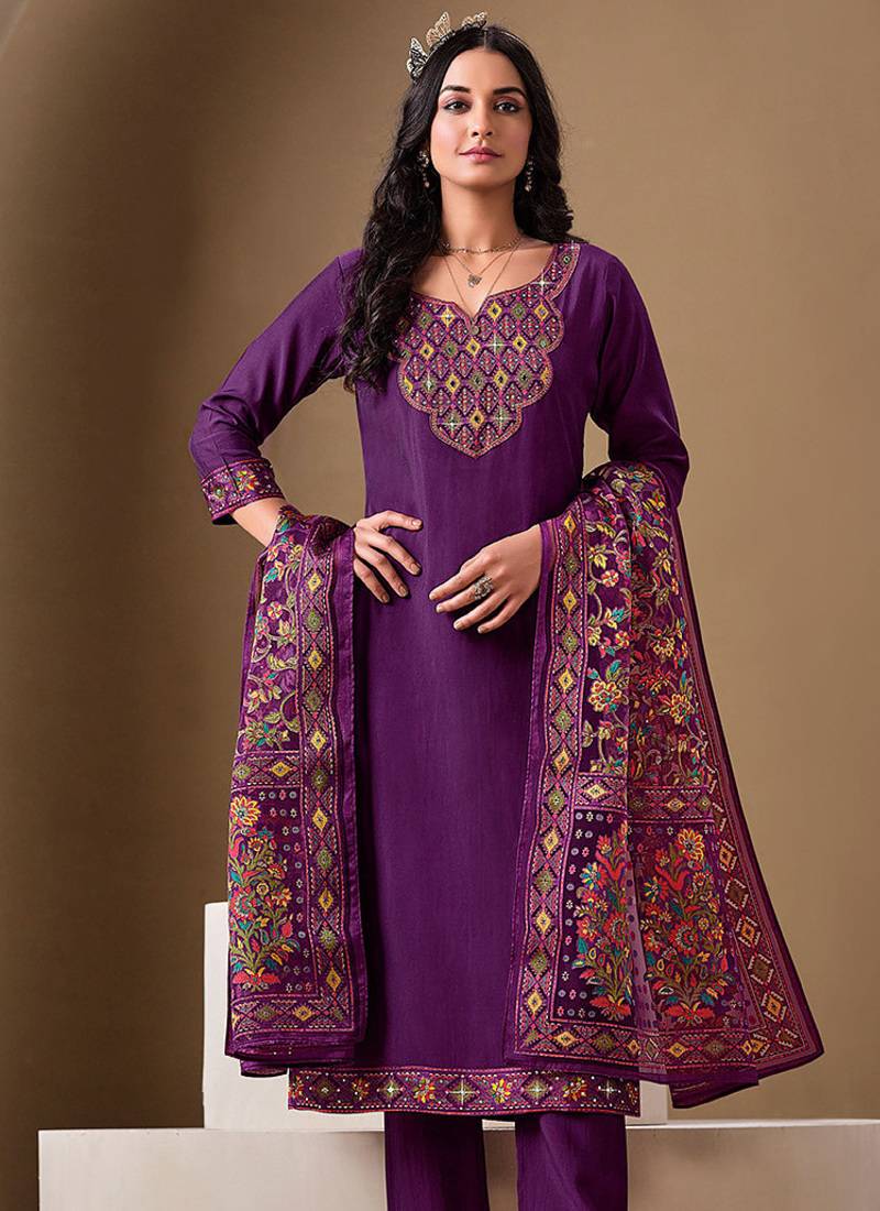 Purple color roman silk fabric bollywood style ceremonial wear salwar kameez