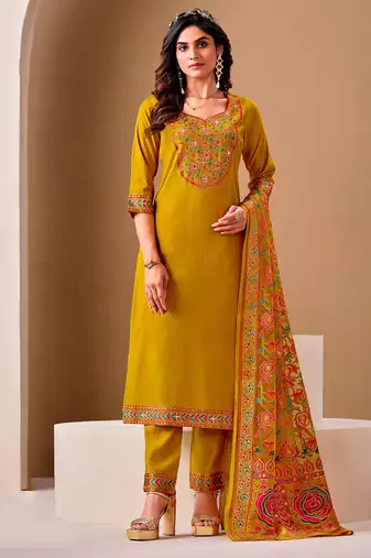 Mustard color roman silk fabric bollywood style ceremonial wear salwar kameez