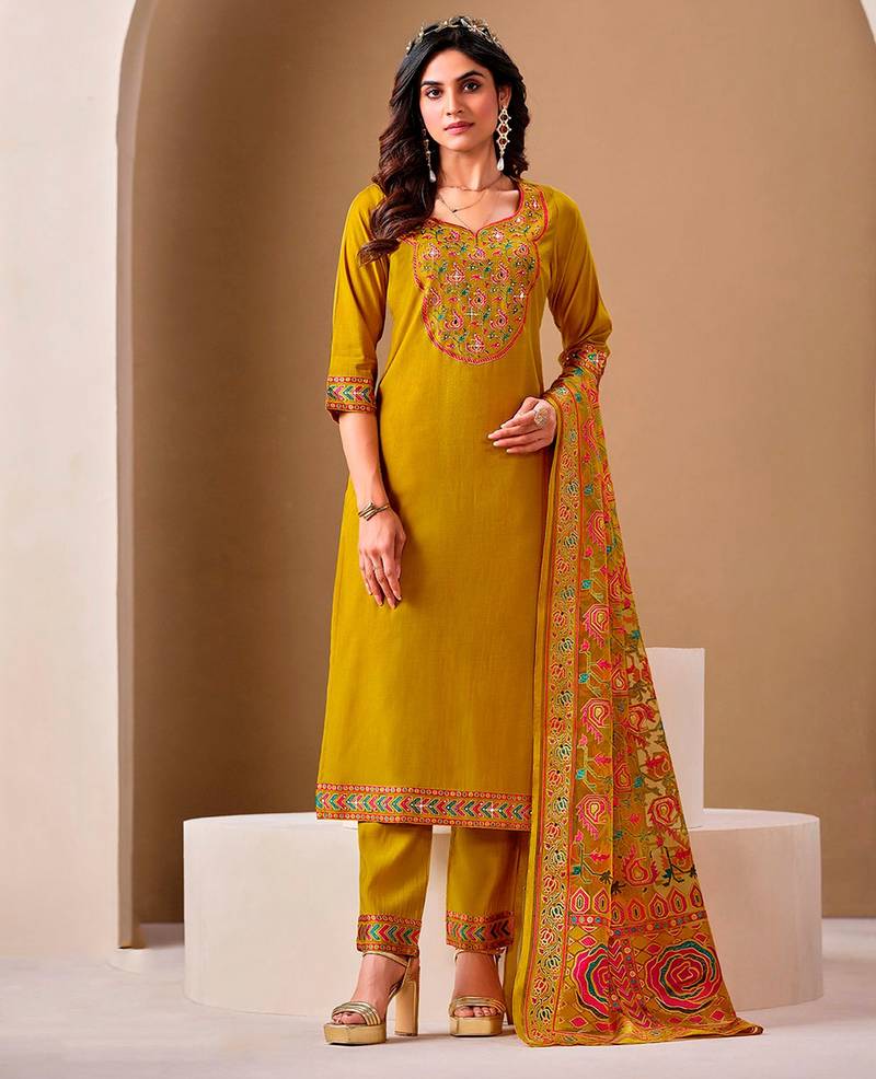 Mustard color roman silk fabric bollywood style ceremonial wear salwar kameez