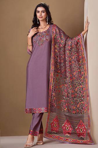 Lavender color roman silk fabric bollywood style ceremonial wear salwar kameez