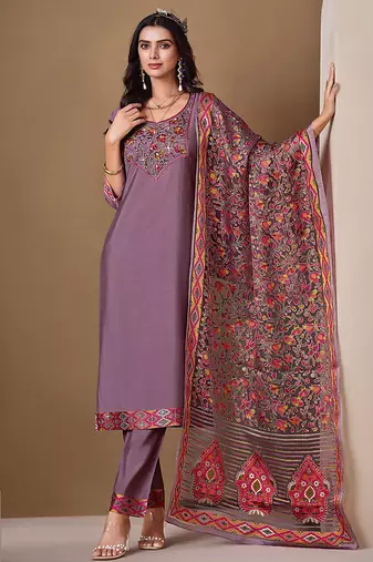 Lavender color roman silk fabric bollywood style ceremonial wear salwar kameez