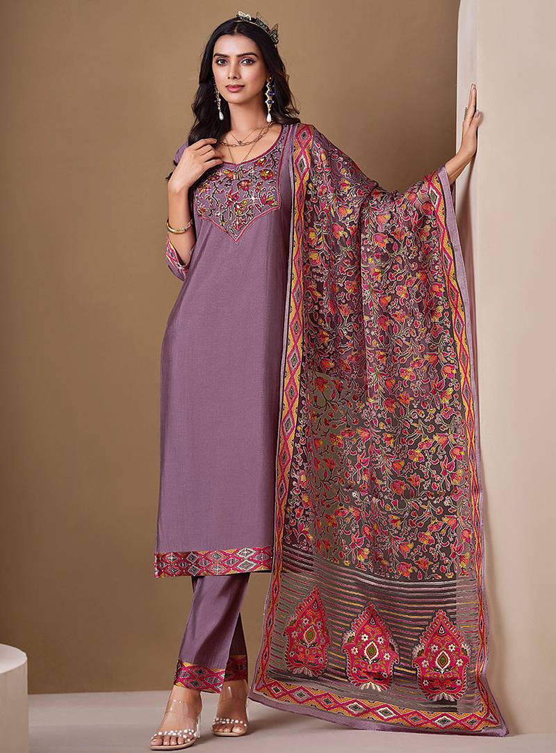 Lavender color roman silk fabric bollywood style ceremonial wear salwar kameez