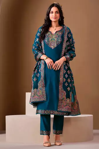 Teal blue color roman silk fabric bollywood style ceremonial wear salwar kameez