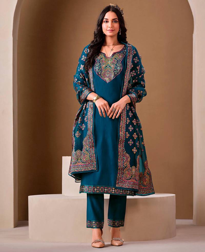 Teal blue color roman silk fabric bollywood style ceremonial wear salwar kameez