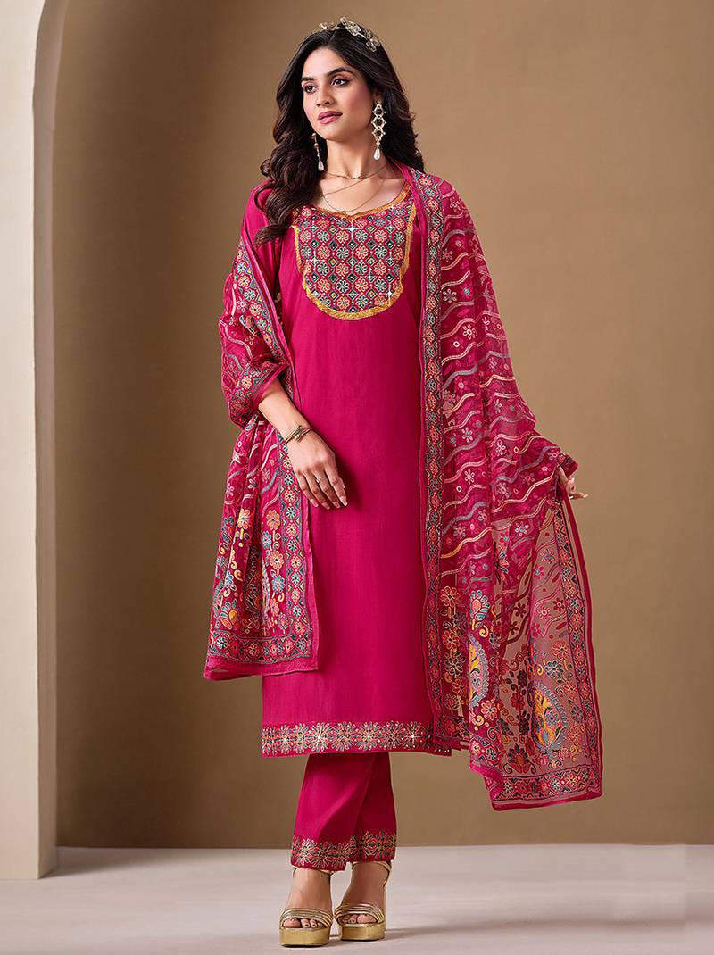 Pink color roman silk fabric bollywood style ceremonial wear salwar kameez