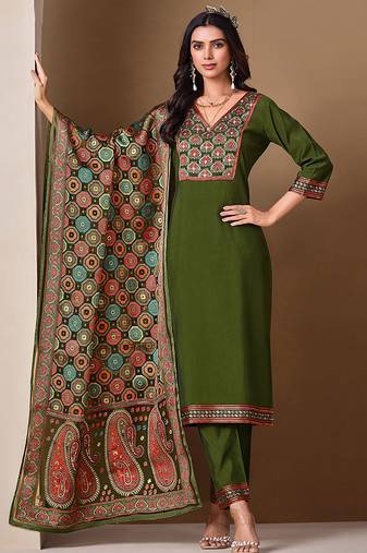 Mahendi color roman silk fabric bollywood style ceremonial wear salwar kameez