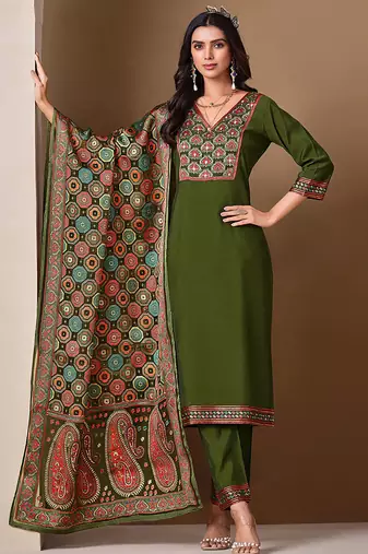 Mahendi color roman silk fabric bollywood style ceremonial wear salwar kameez