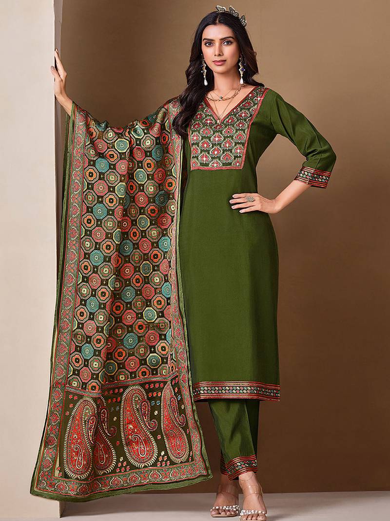 Mahendi color roman silk fabric bollywood style ceremonial wear salwar kameez
