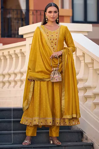 Mustard color vichitra silk fabric heavy embroidered readymade suit