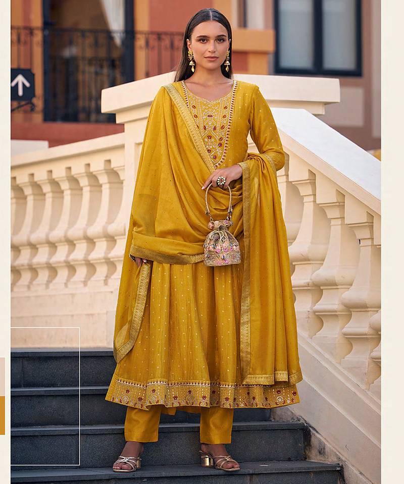 Mustard color vichitra silk fabric heavy embroidered readymade suit