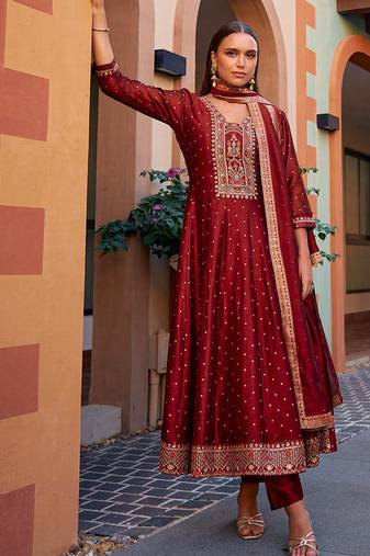 Maroon color vichitra silk fabric heavy embroidered readymade suit
