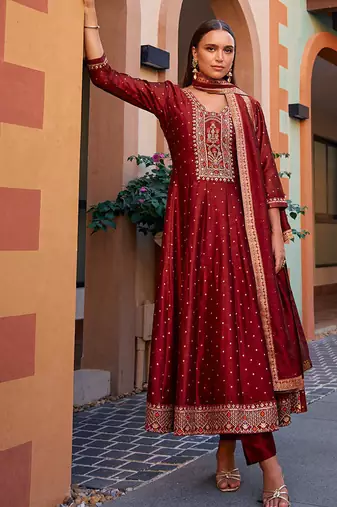 Maroon color vichitra silk fabric heavy embroidered readymade suit
