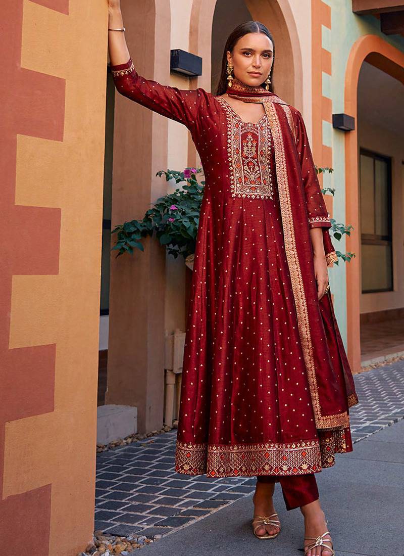 Maroon color vichitra silk fabric heavy embroidered readymade suit