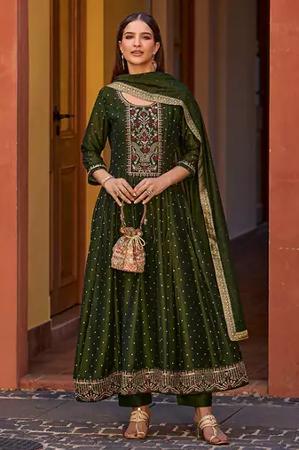 Mahendi color vichitra silk fabric heavy embroidered readymade suit