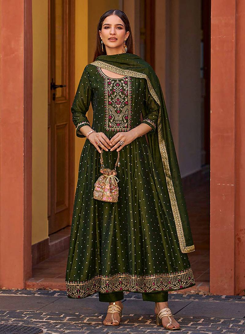 Mahendi color vichitra silk fabric heavy embroidered readymade suit
