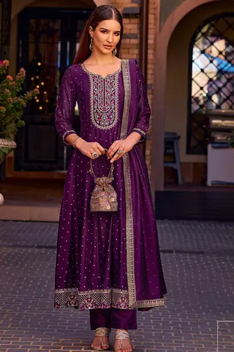 Purple color vichitra silk fabric heavy embroidered readymade suit