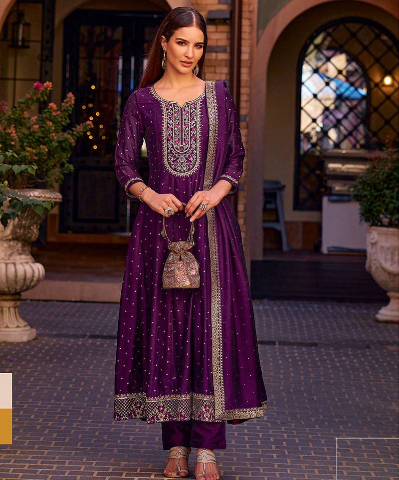 Purple color vichitra silk fabric heavy embroidered readymade suit