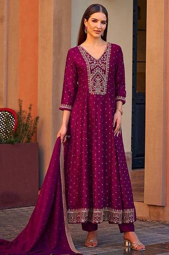 Pink color vichitra silk fabric heavy embroidered readymade suit