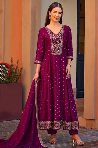 Pink color vichitra silk fabric heavy embroidered readymade suit