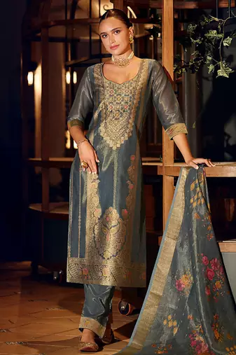Blue color shimmer silk fabric woven designer readymade salwar kameez