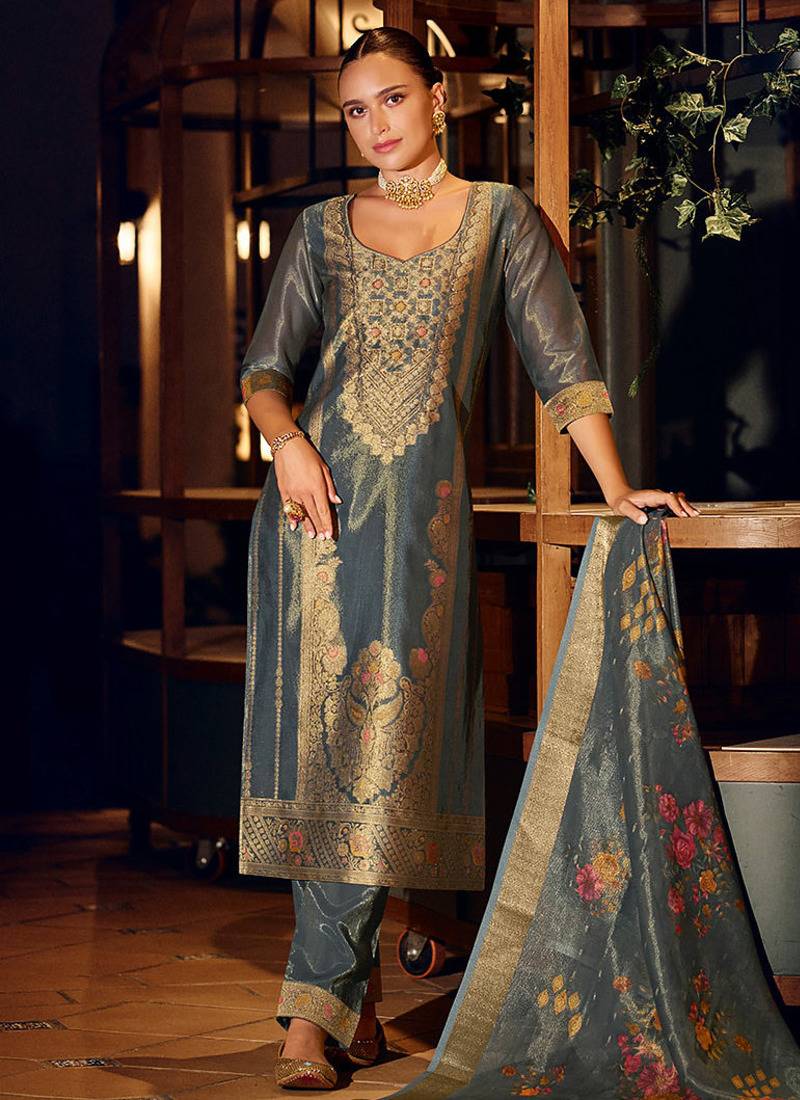 Blue color shimmer silk fabric woven designer readymade salwar kameez