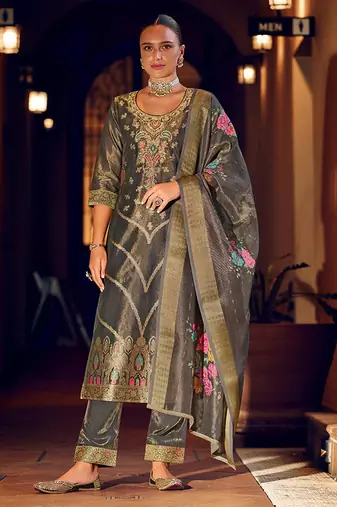 Grey color shimmer silk fabric woven designer readymade salwar kameez