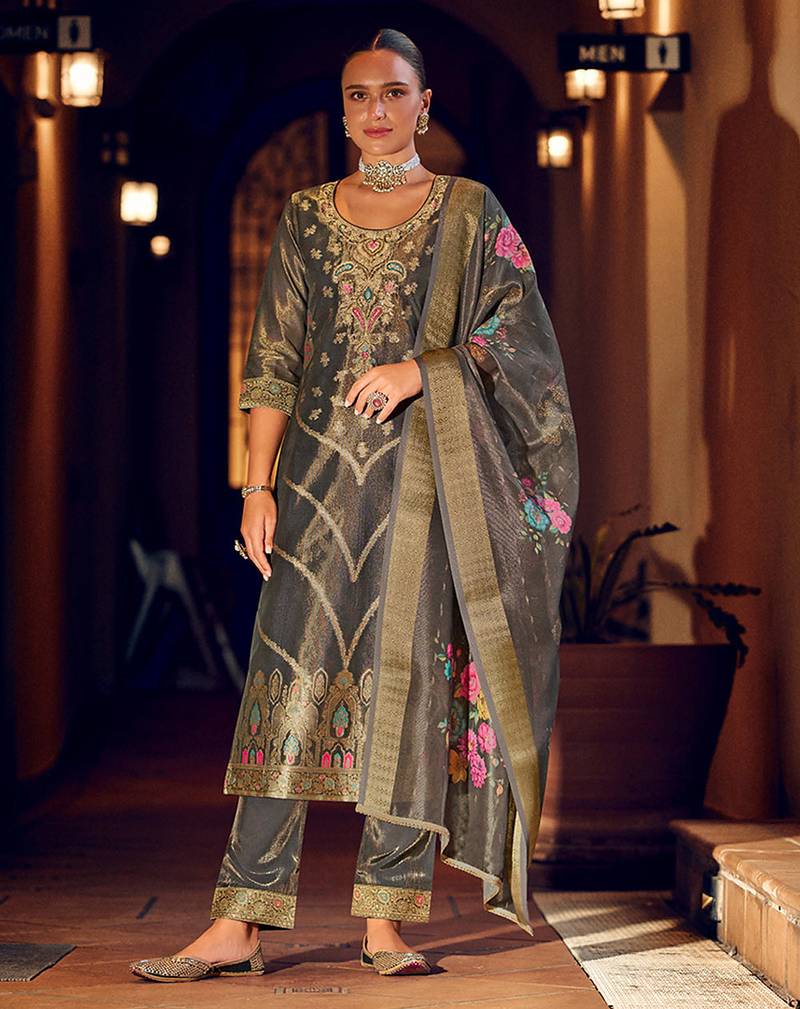 Grey color shimmer silk fabric woven designer readymade salwar kameez