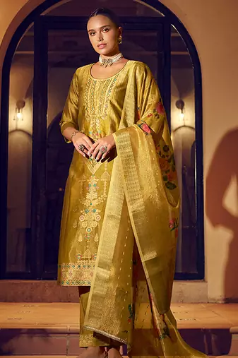 Mustard color shimmer silk fabric woven designer readymade salwar kameez